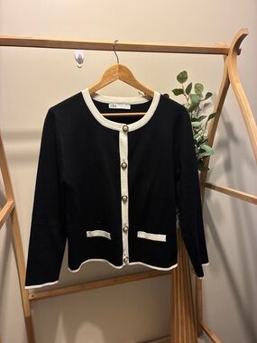 Zara Black Cardigan with Cream Trim and Button Front